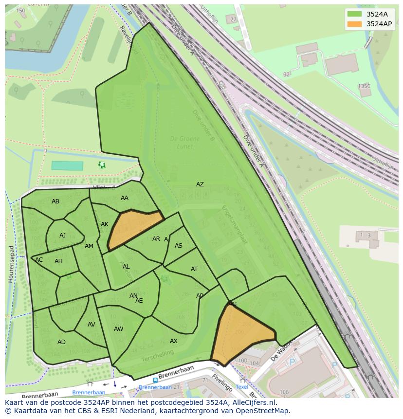 Afbeelding van het postcodegebied 3524 AP op de kaart.