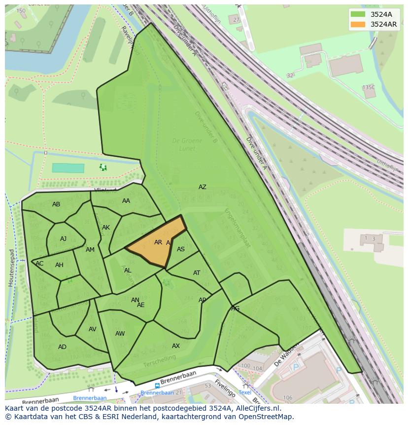 Afbeelding van het postcodegebied 3524 AR op de kaart.