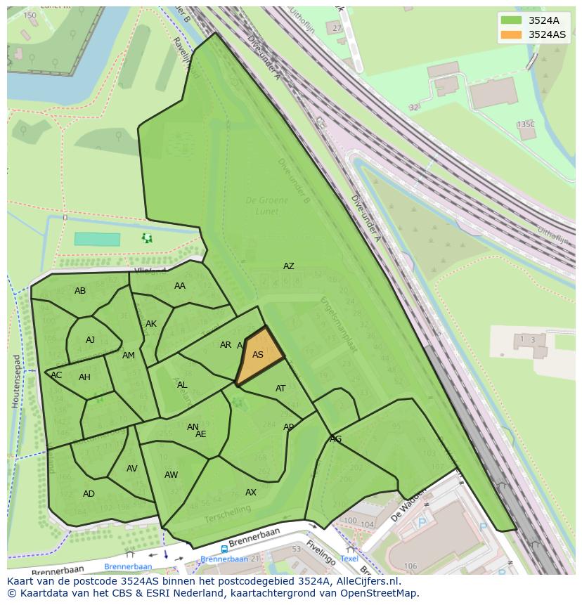 Afbeelding van het postcodegebied 3524 AS op de kaart.