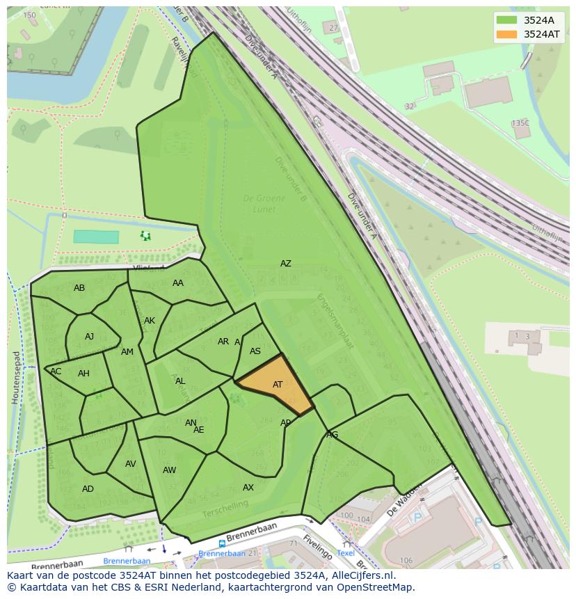 Afbeelding van het postcodegebied 3524 AT op de kaart.
