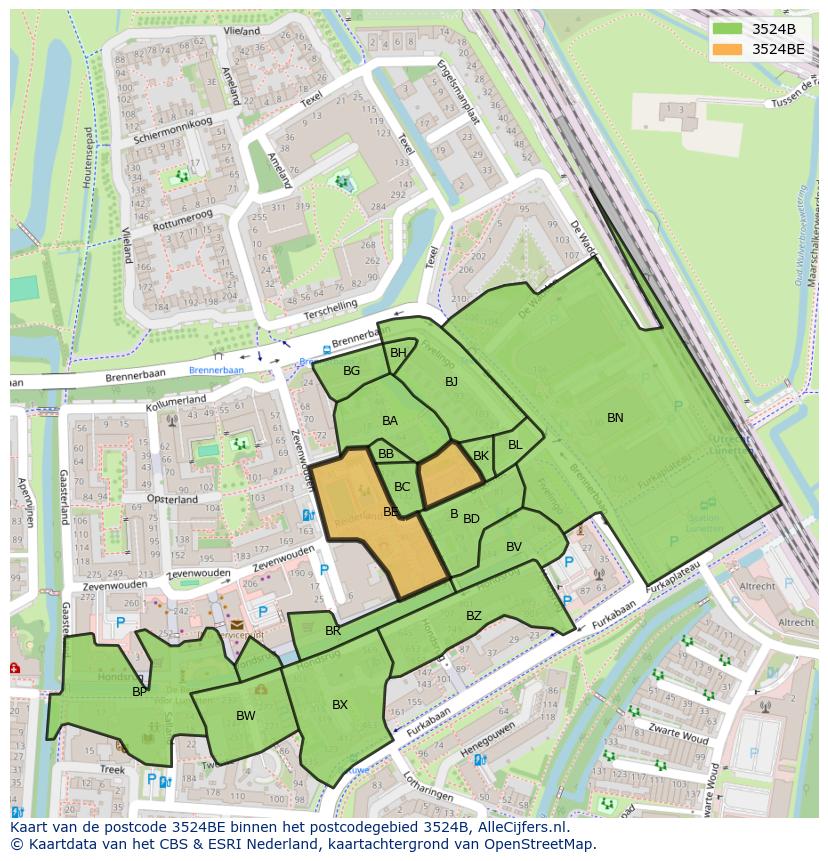 Afbeelding van het postcodegebied 3524 BE op de kaart.