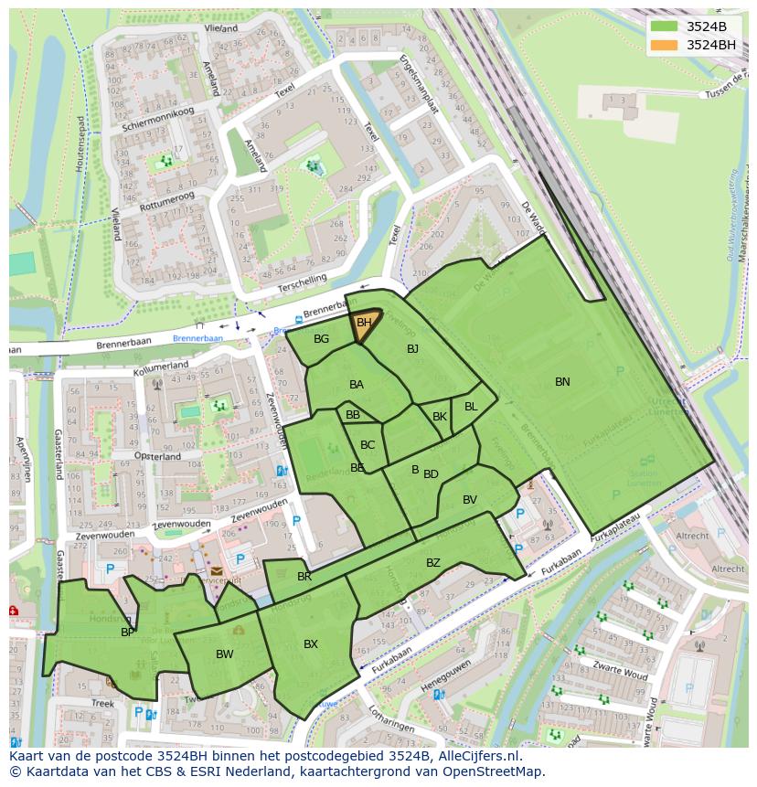 Afbeelding van het postcodegebied 3524 BH op de kaart.