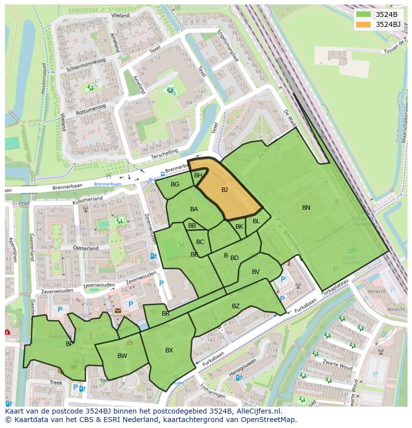 Afbeelding van het postcodegebied 3524 BJ op de kaart.