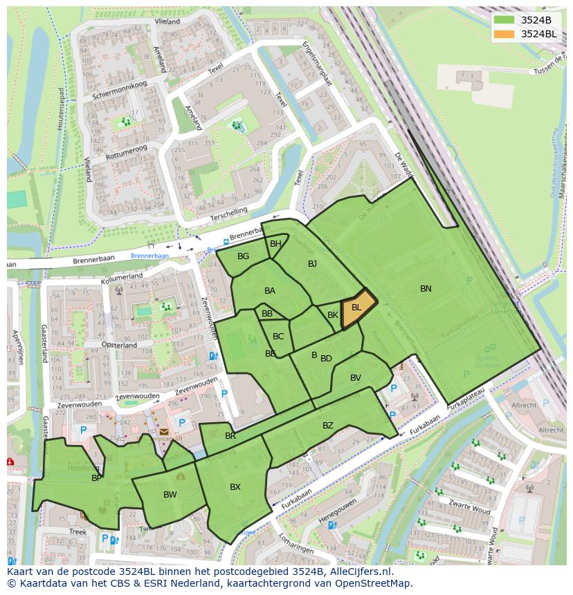 Afbeelding van het postcodegebied 3524 BL op de kaart.