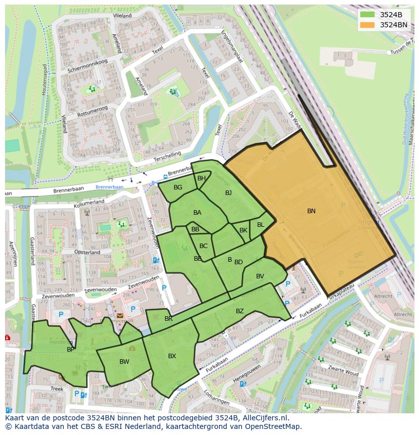 Afbeelding van het postcodegebied 3524 BN op de kaart.