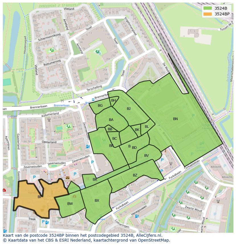 Afbeelding van het postcodegebied 3524 BP op de kaart.