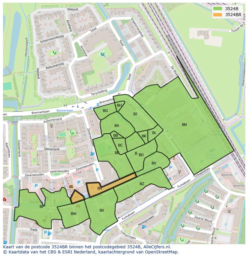 Afbeelding van het postcodegebied 3524 BR op de kaart.