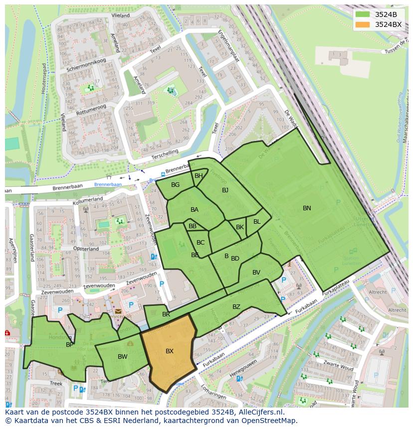 Afbeelding van het postcodegebied 3524 BX op de kaart.