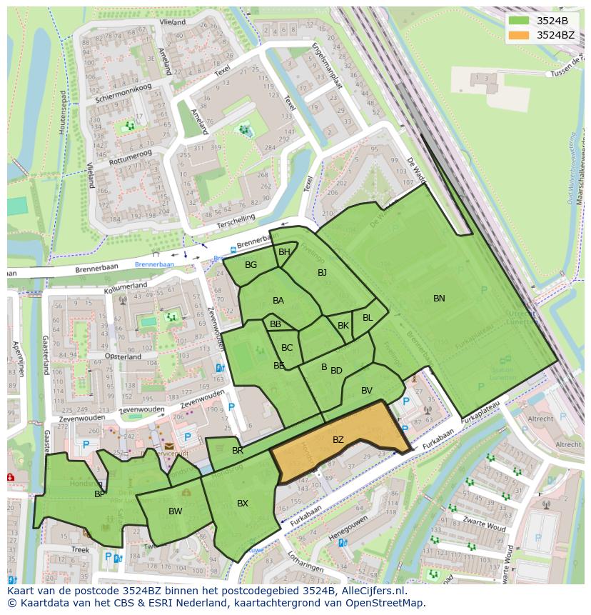 Afbeelding van het postcodegebied 3524 BZ op de kaart.