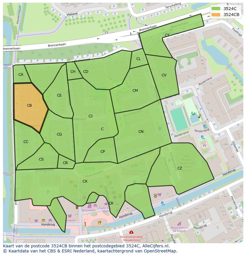 Afbeelding van het postcodegebied 3524 CB op de kaart.