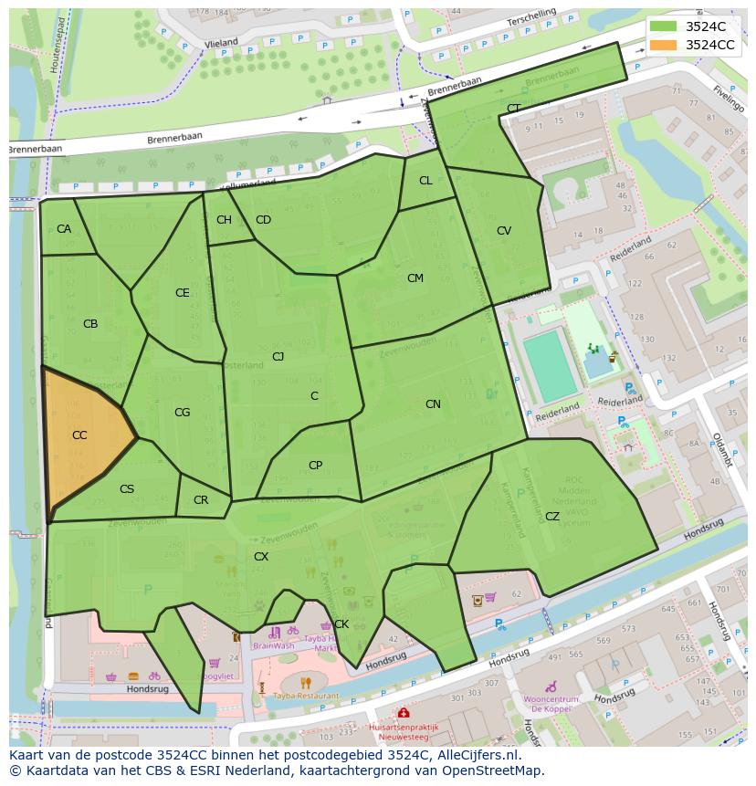 Afbeelding van het postcodegebied 3524 CC op de kaart.
