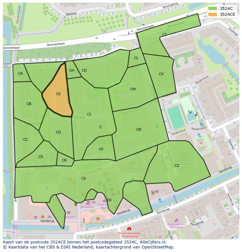 Afbeelding van het postcodegebied 3524 CE op de kaart.
