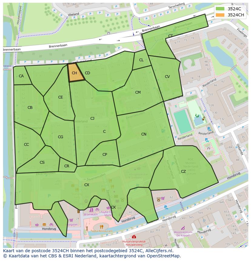 Afbeelding van het postcodegebied 3524 CH op de kaart.