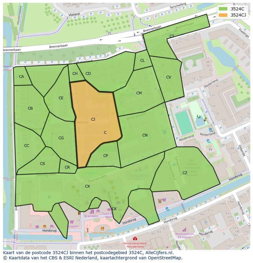 Afbeelding van het postcodegebied 3524 CJ op de kaart.