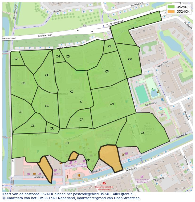Afbeelding van het postcodegebied 3524 CK op de kaart.
