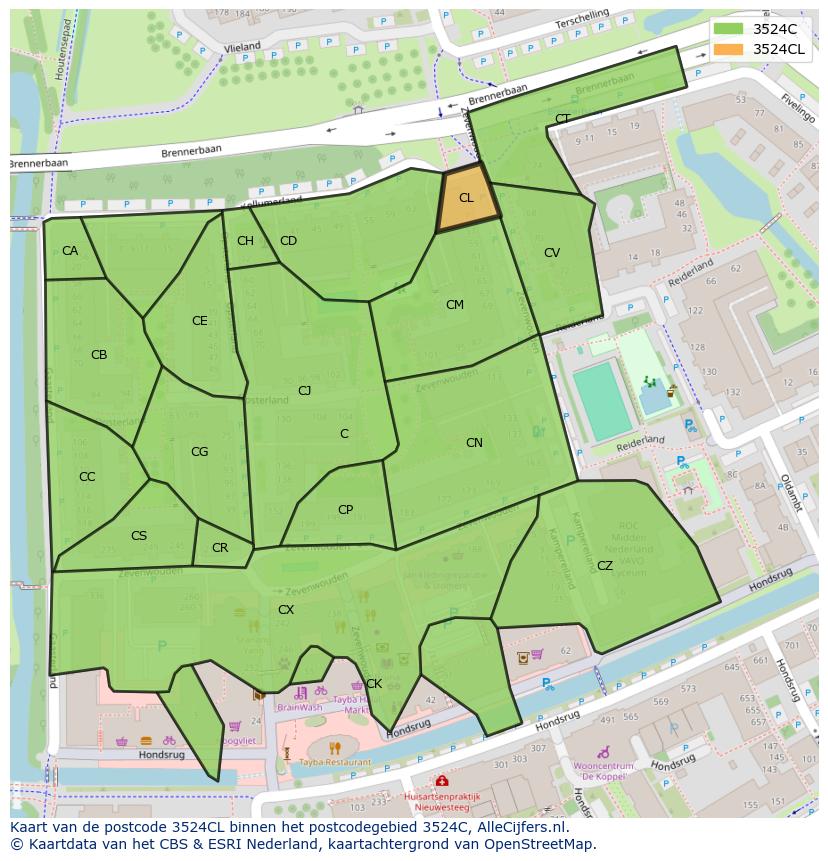 Afbeelding van het postcodegebied 3524 CL op de kaart.