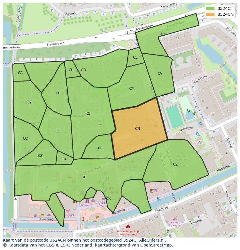Afbeelding van het postcodegebied 3524 CN op de kaart.