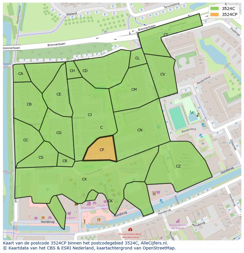 Afbeelding van het postcodegebied 3524 CP op de kaart.