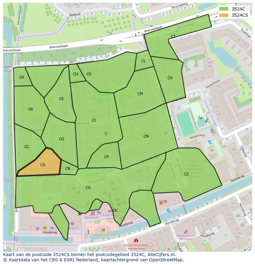 Afbeelding van het postcodegebied 3524 CS op de kaart.