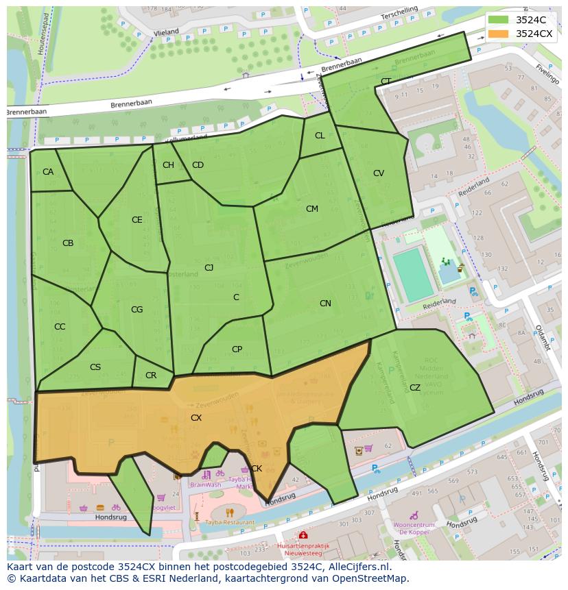 Afbeelding van het postcodegebied 3524 CX op de kaart.