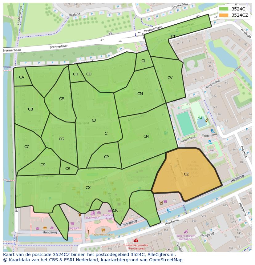 Afbeelding van het postcodegebied 3524 CZ op de kaart.