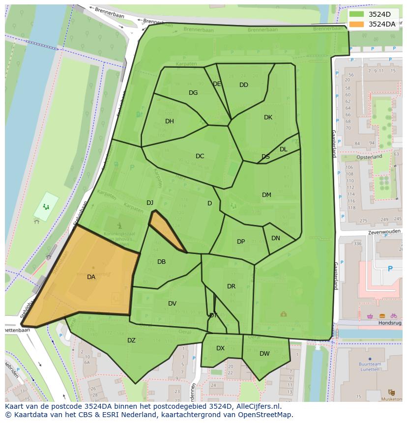 Afbeelding van het postcodegebied 3524 DA op de kaart.