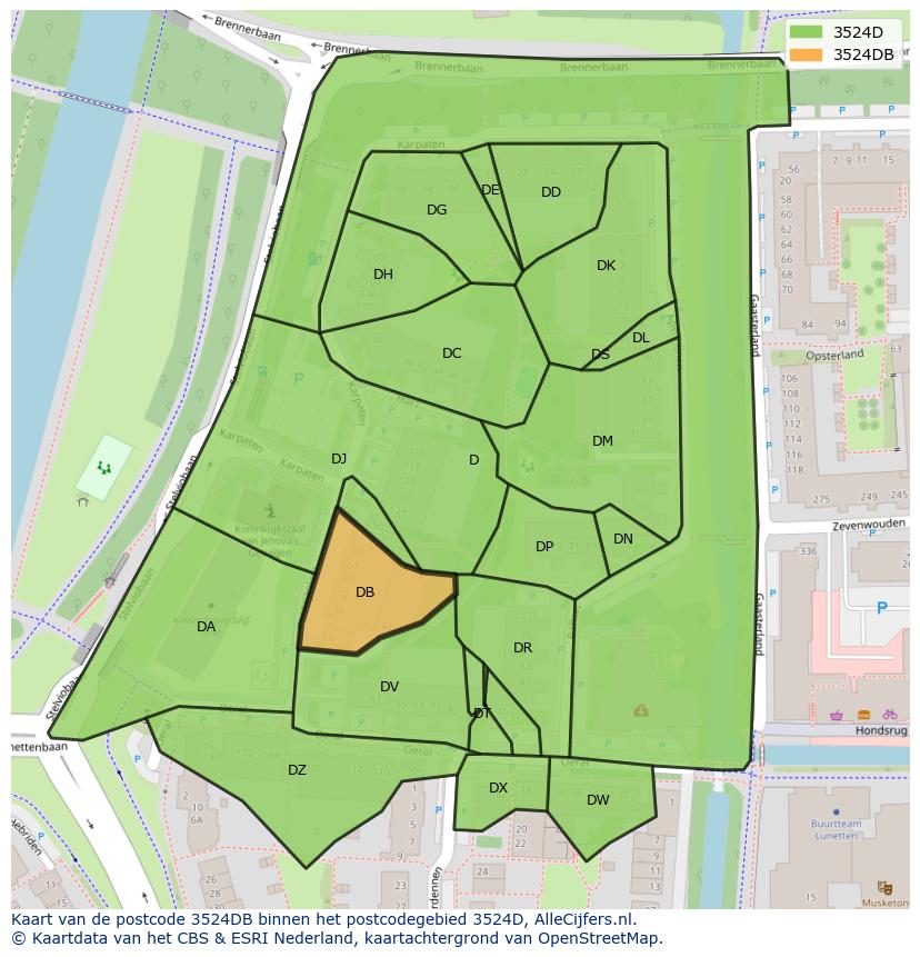Afbeelding van het postcodegebied 3524 DB op de kaart.