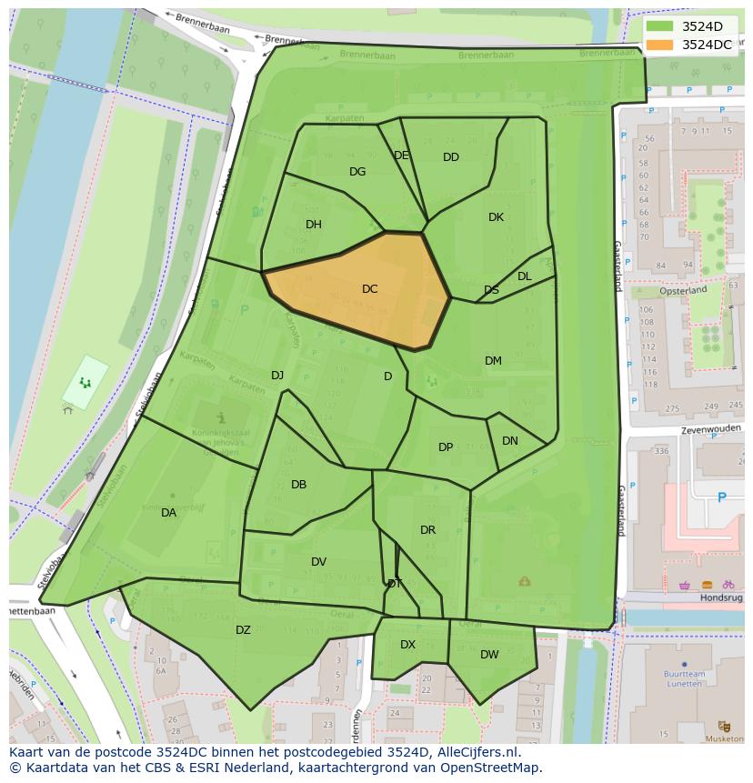 Afbeelding van het postcodegebied 3524 DC op de kaart.