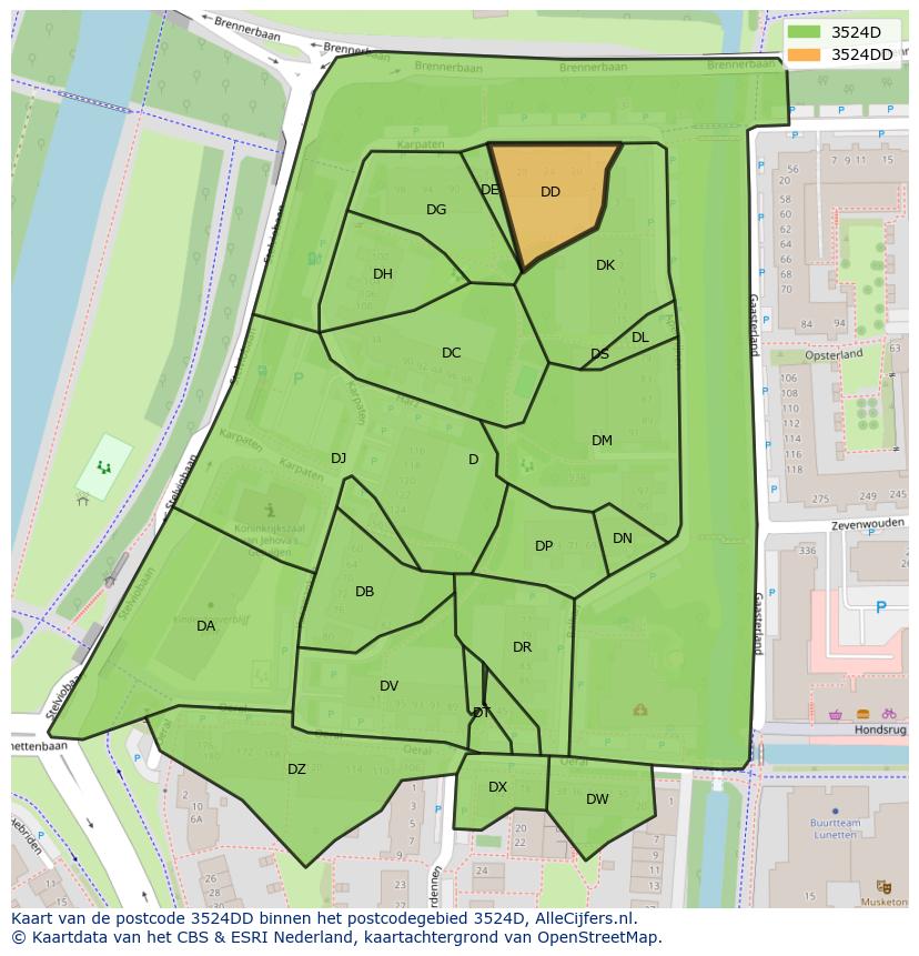 Afbeelding van het postcodegebied 3524 DD op de kaart.