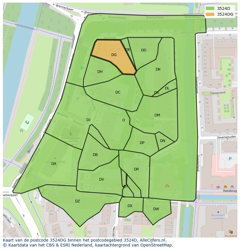Afbeelding van het postcodegebied 3524 DG op de kaart.