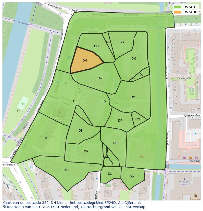 Afbeelding van het postcodegebied 3524 DH op de kaart.