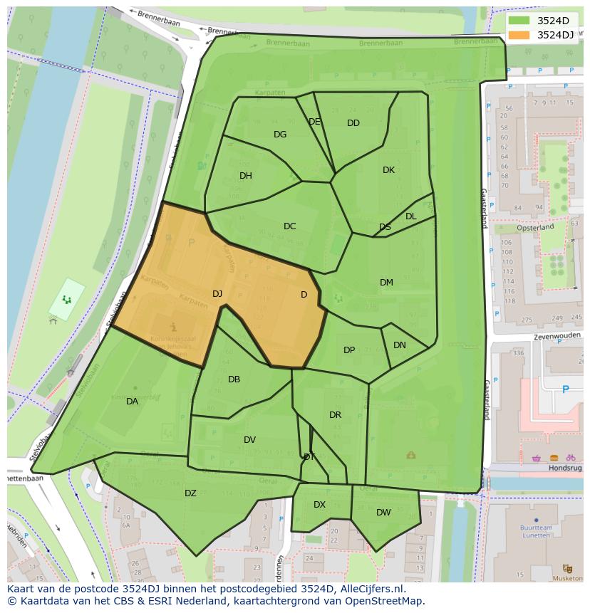 Afbeelding van het postcodegebied 3524 DJ op de kaart.