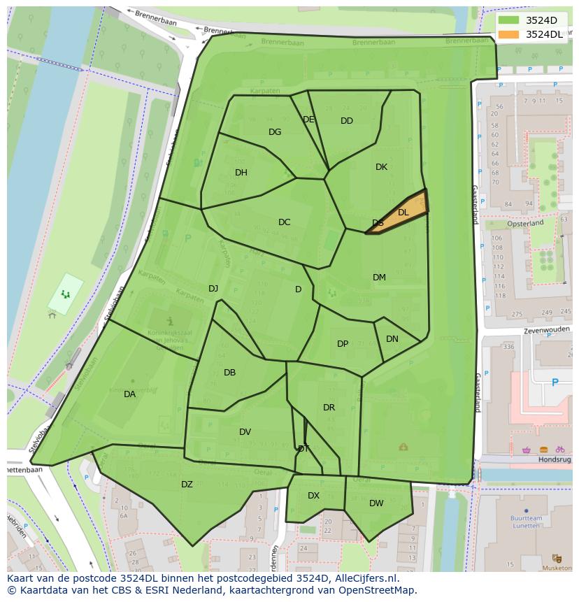 Afbeelding van het postcodegebied 3524 DL op de kaart.