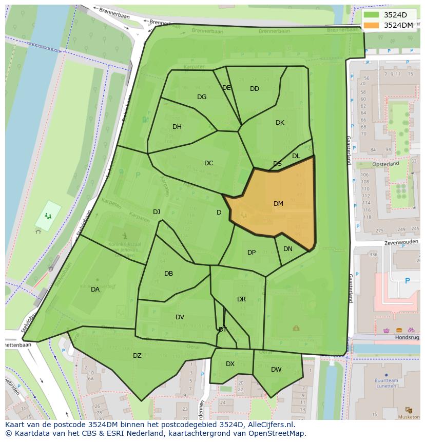 Afbeelding van het postcodegebied 3524 DM op de kaart.