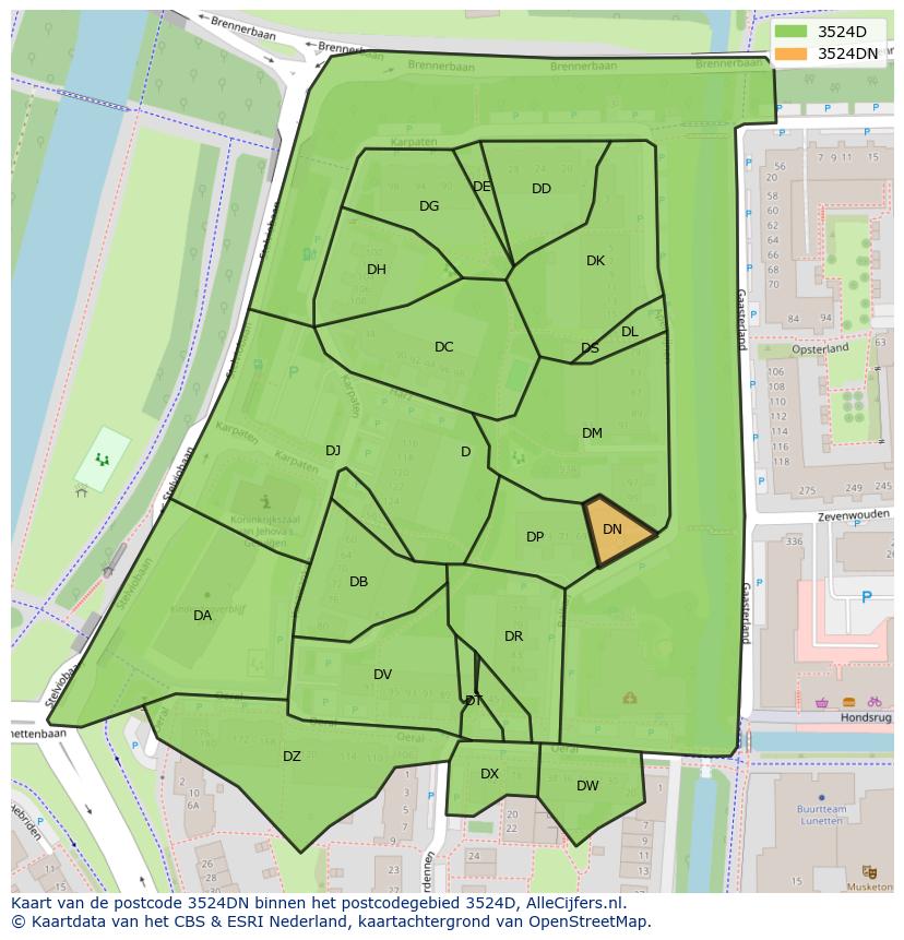 Afbeelding van het postcodegebied 3524 DN op de kaart.