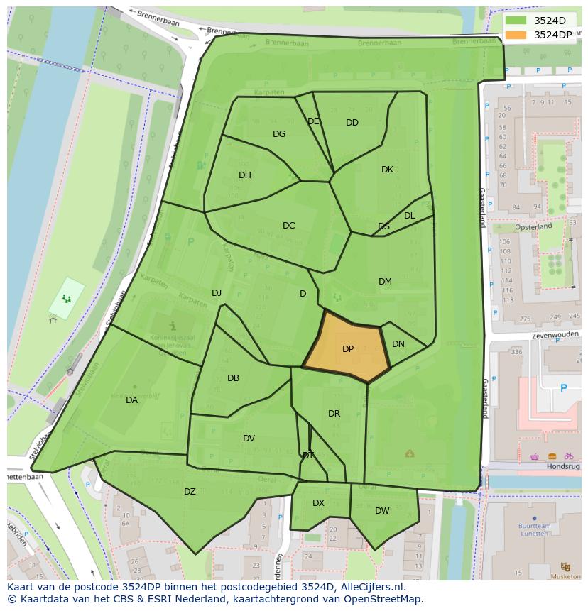 Afbeelding van het postcodegebied 3524 DP op de kaart.