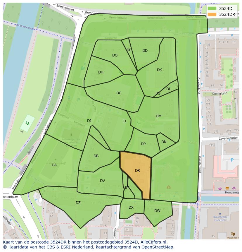 Afbeelding van het postcodegebied 3524 DR op de kaart.