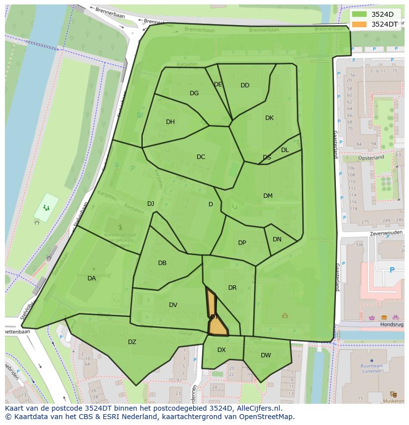 Afbeelding van het postcodegebied 3524 DT op de kaart.
