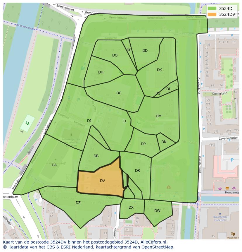 Afbeelding van het postcodegebied 3524 DV op de kaart.