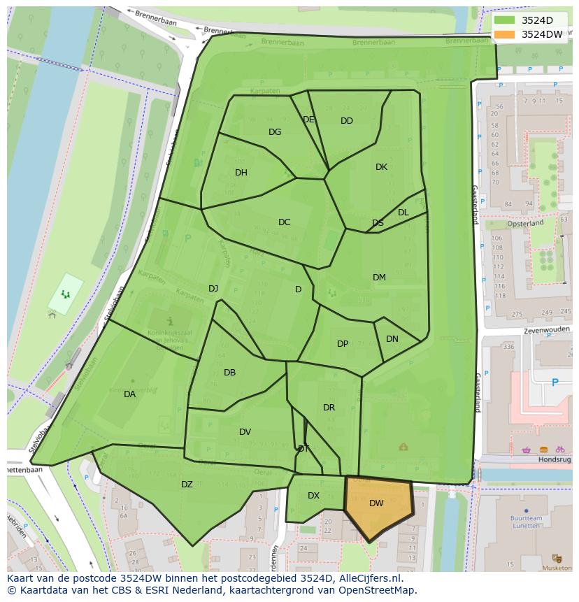 Afbeelding van het postcodegebied 3524 DW op de kaart.