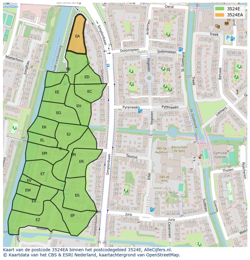 Afbeelding van het postcodegebied 3524 EA op de kaart.