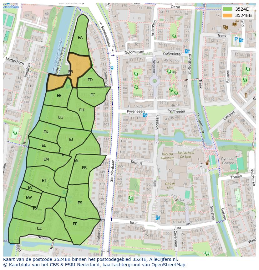 Afbeelding van het postcodegebied 3524 EB op de kaart.