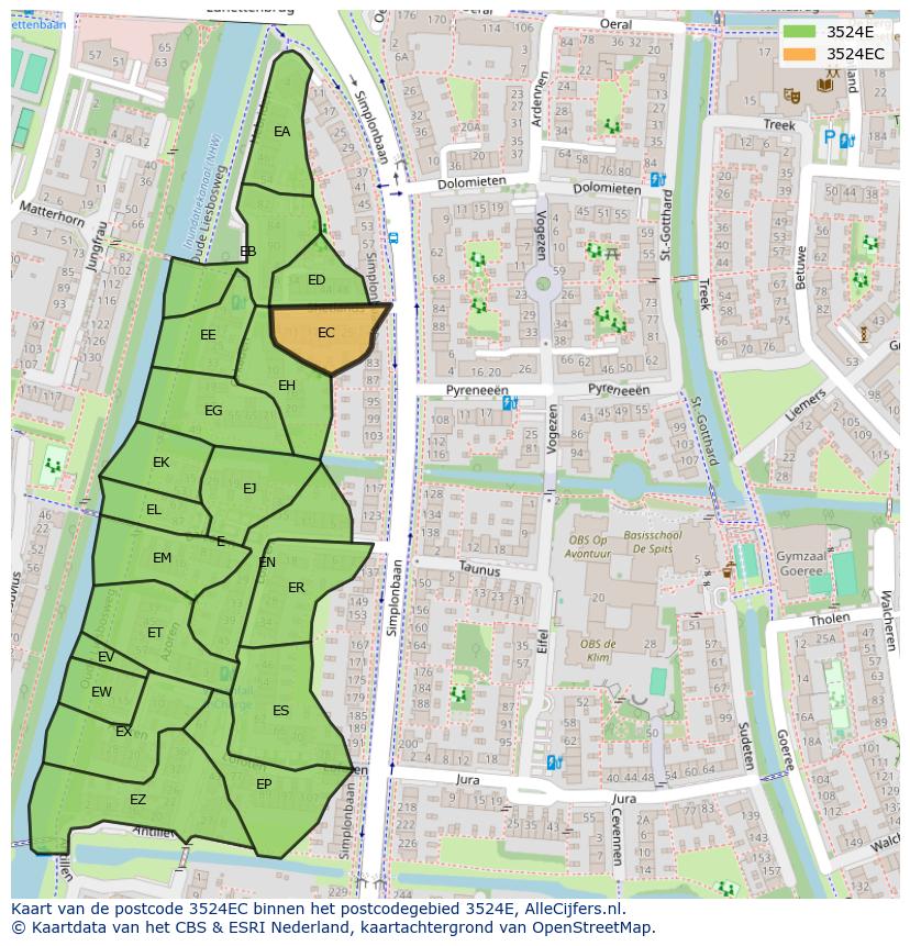 Afbeelding van het postcodegebied 3524 EC op de kaart.