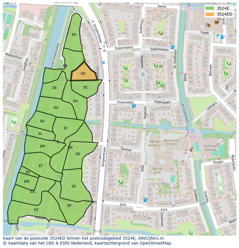 Afbeelding van het postcodegebied 3524 ED op de kaart.