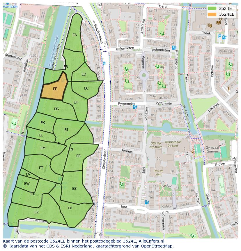Afbeelding van het postcodegebied 3524 EE op de kaart.