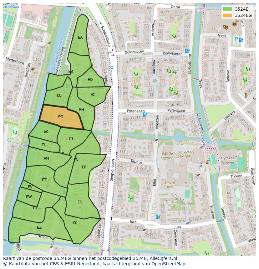 Afbeelding van het postcodegebied 3524 EG op de kaart.