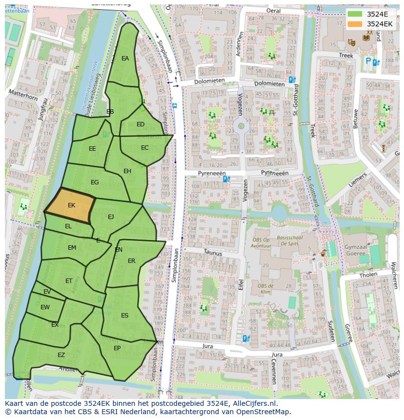 Afbeelding van het postcodegebied 3524 EK op de kaart.