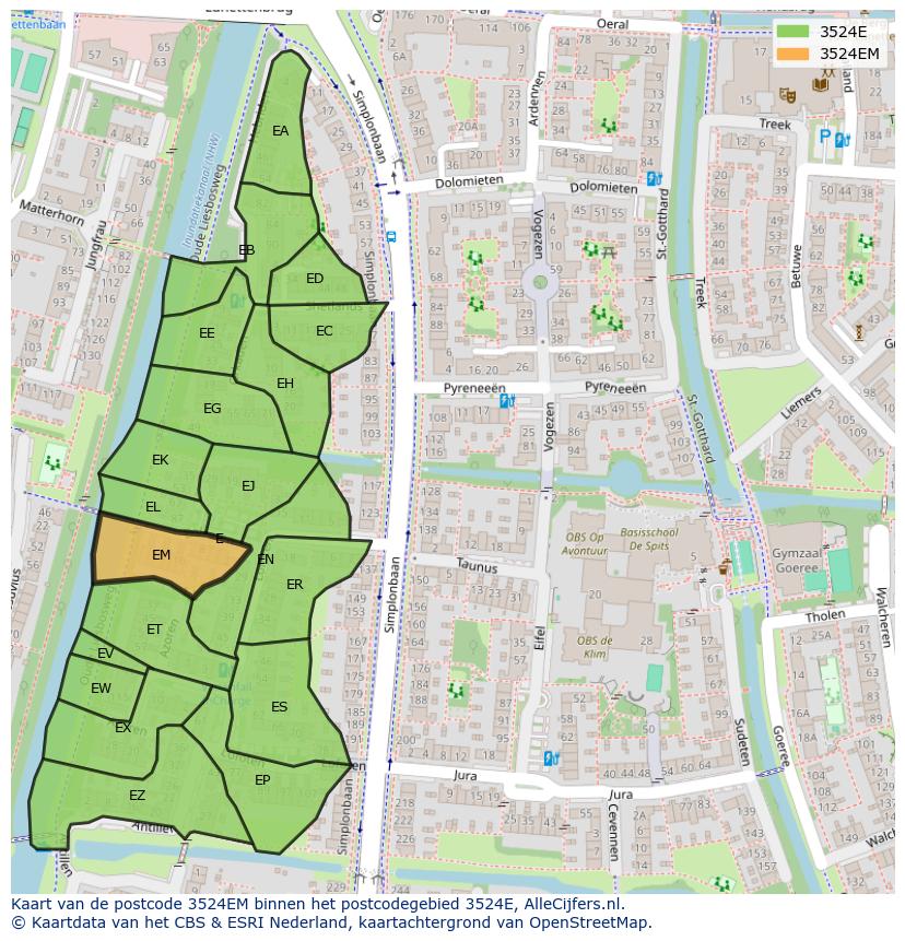 Afbeelding van het postcodegebied 3524 EM op de kaart.