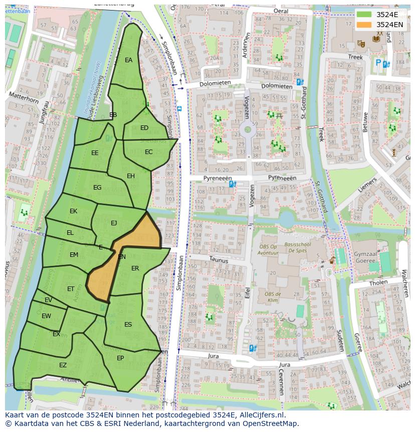 Afbeelding van het postcodegebied 3524 EN op de kaart.
