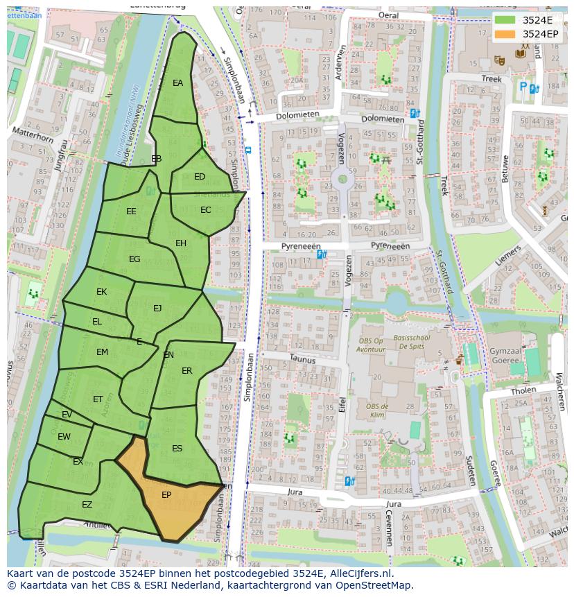 Afbeelding van het postcodegebied 3524 EP op de kaart.